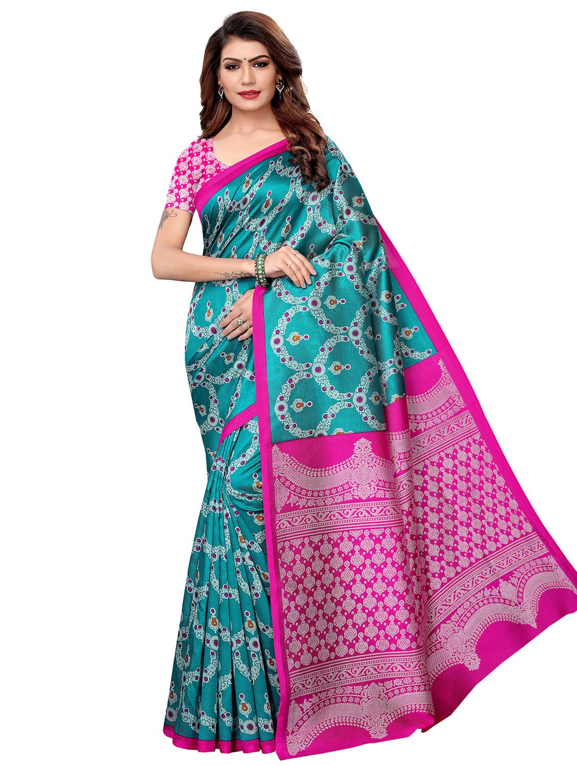 turquoise silk blend mysore saree with blouse - 16438600 - Zoom Image - 0