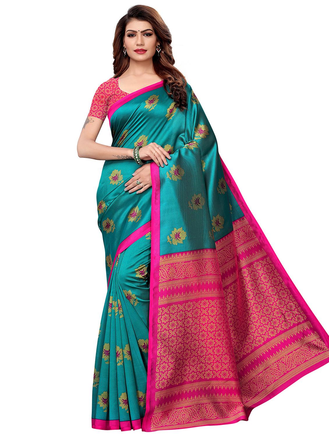 turquoise silk blend mysore saree with blouse - 16438605 - Zoom Image - 0