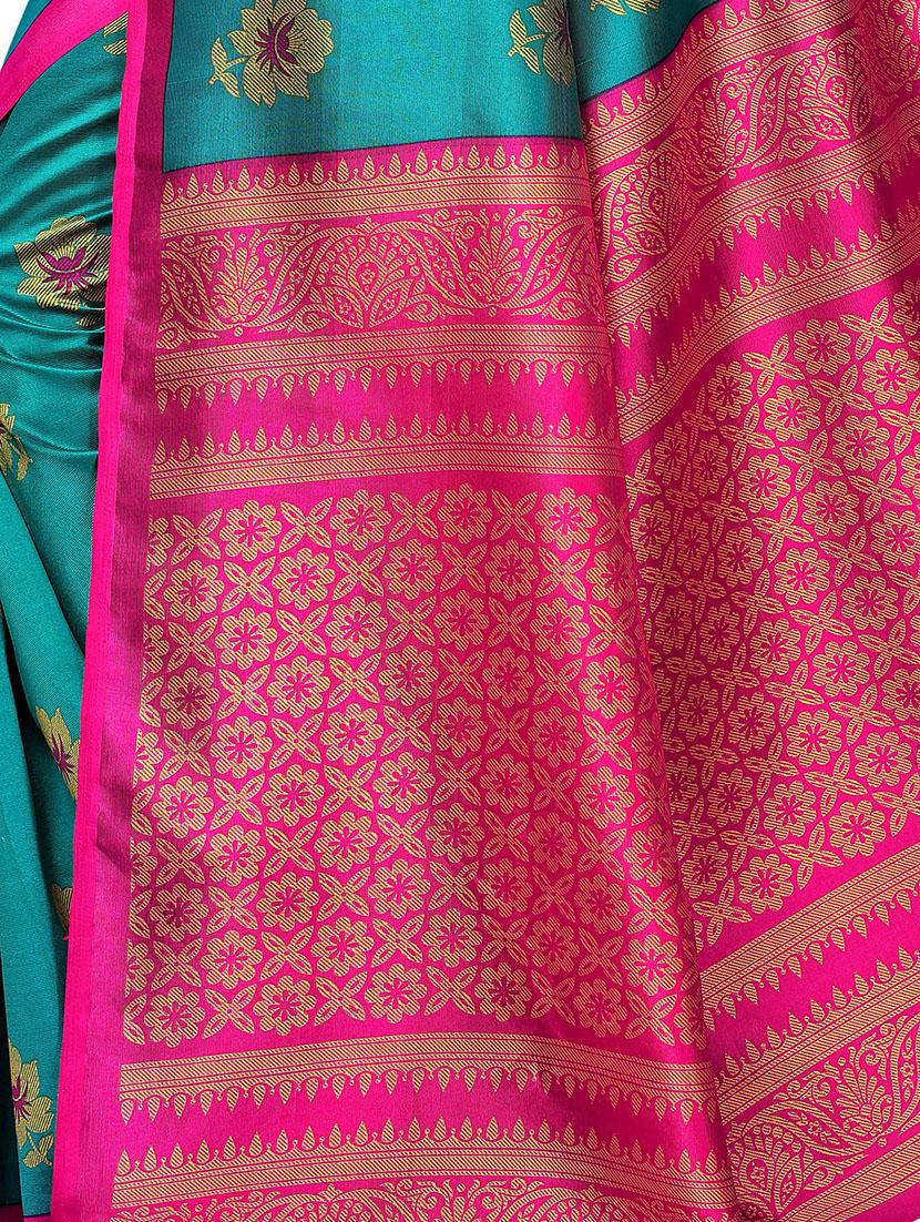 turquoise silk blend mysore saree with blouse - 16438605 - Standard Image - 3