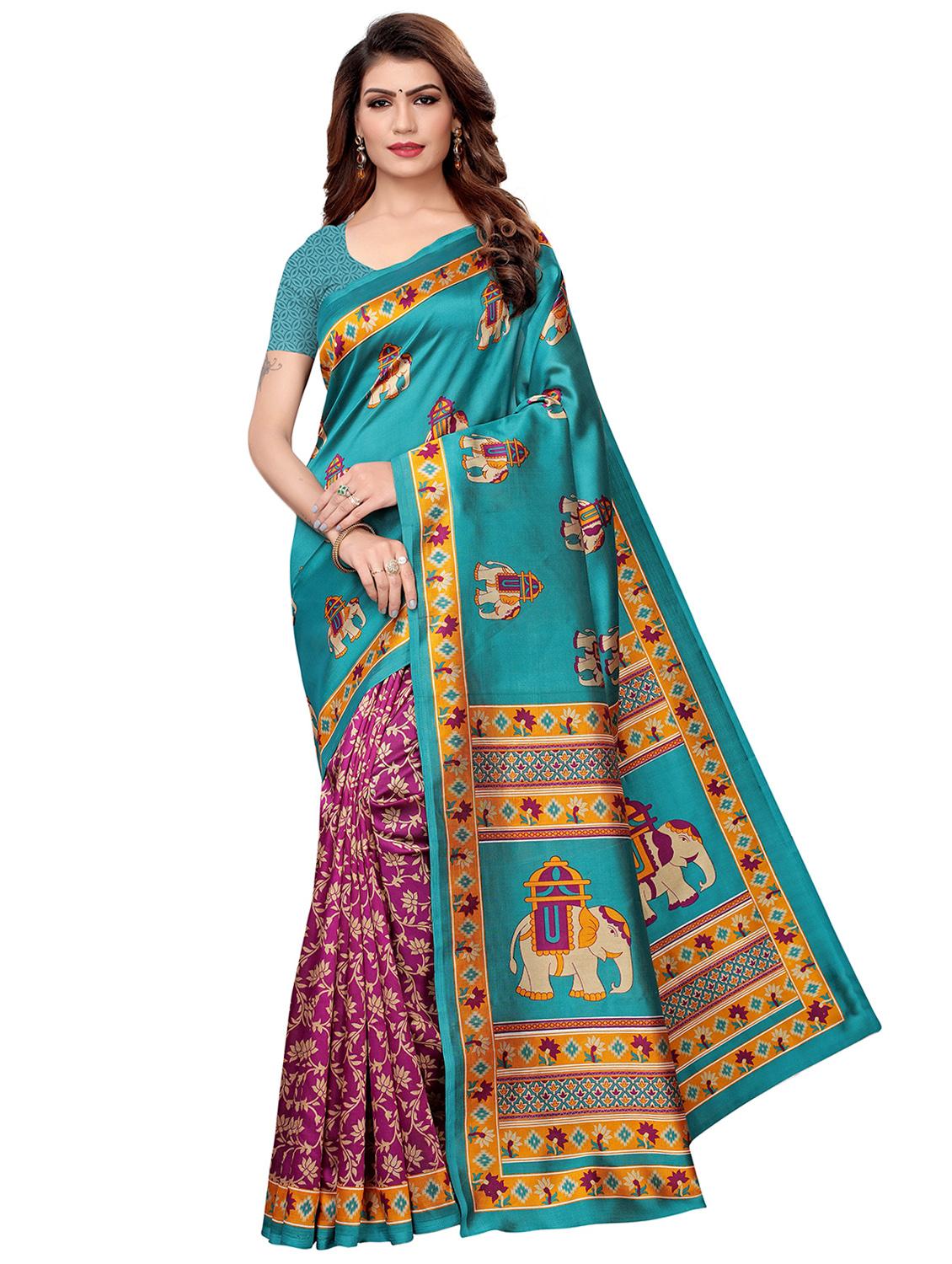 turquoise silk blend mysore saree with blouse - 16438609 -  Zoom Image - 0