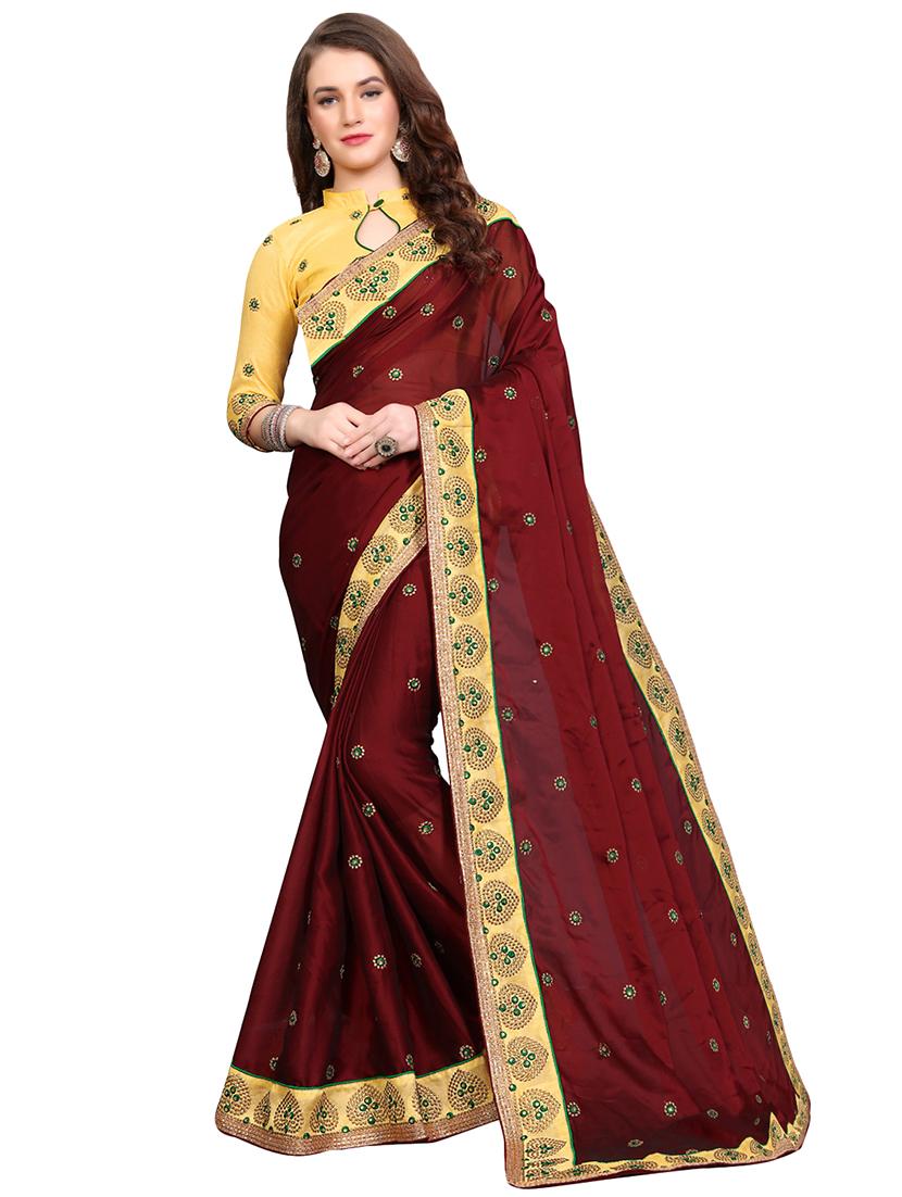 contrast border embroidered saree with blouse - 16440977 -  Zoom Image - 0