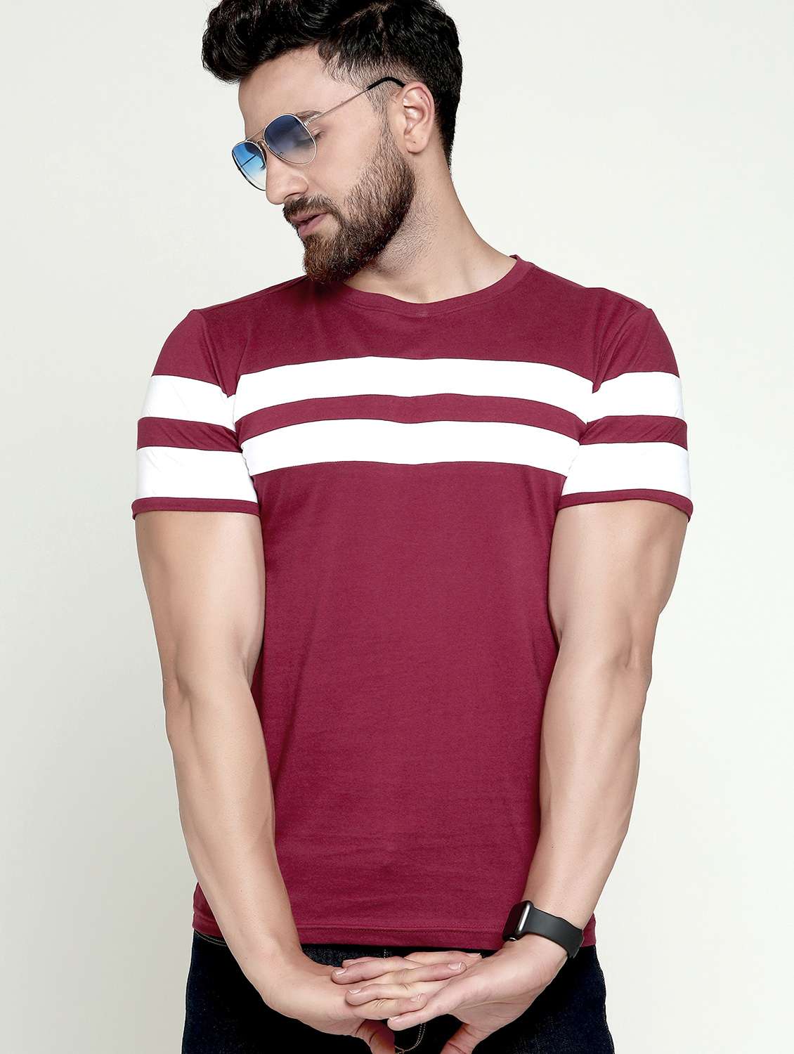 maroon striped t-shirt