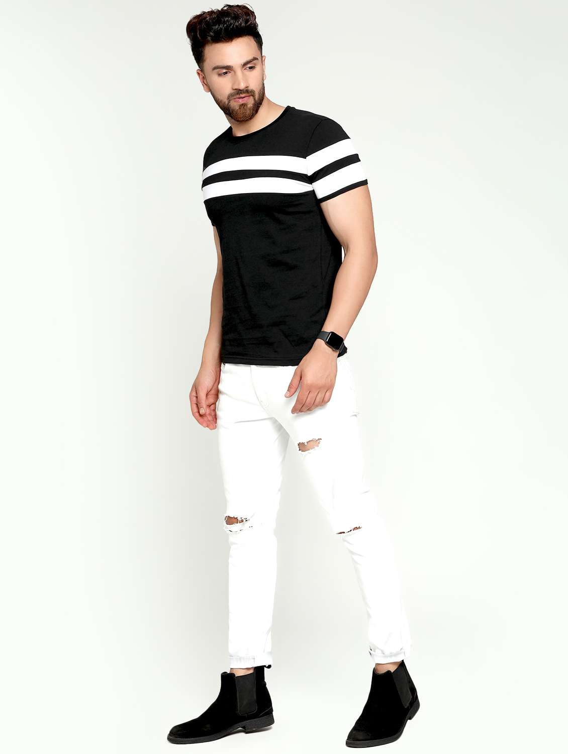 men black slim fit color block cut & sew t-shirt - 16445112 -  Standard Image - 3