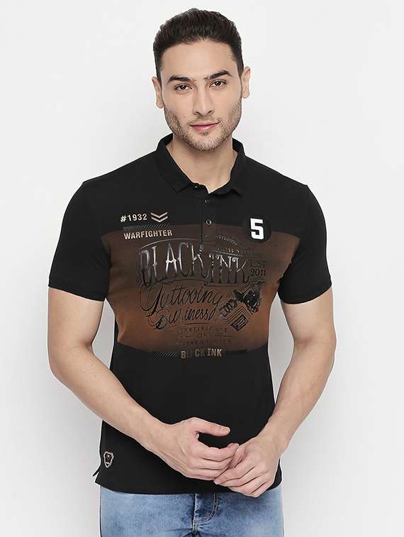 black chest print polo t-shirt - 16447036 -  Zoom Image - 0