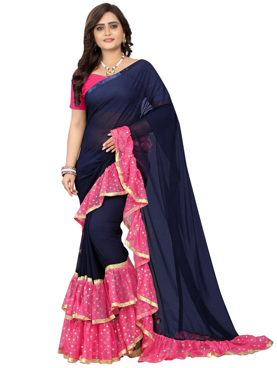 ruffle border fusion saree with blouse - 16449217 -  Zoom Image - 0