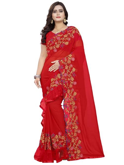 embroidered ruffle fusion saree with blouse - 16449226 -  Standard Image - 0