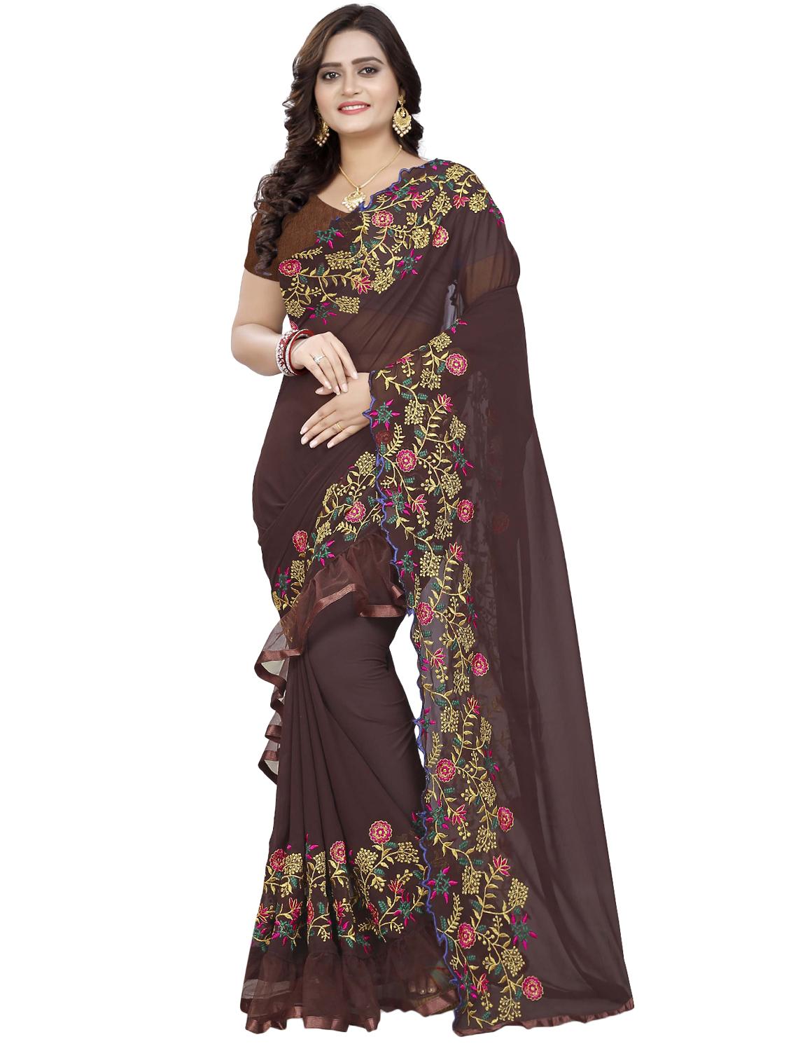 embroidered ruffle fusion saree with blouse - 16449227 - Zoom Image - 0