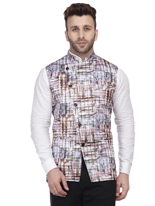grey printed nehru jacket - 16457174 - Standard Image - 0