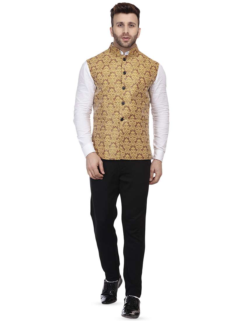 gold jacquard print nehru jacket - 16457191 - Standard Image - 3