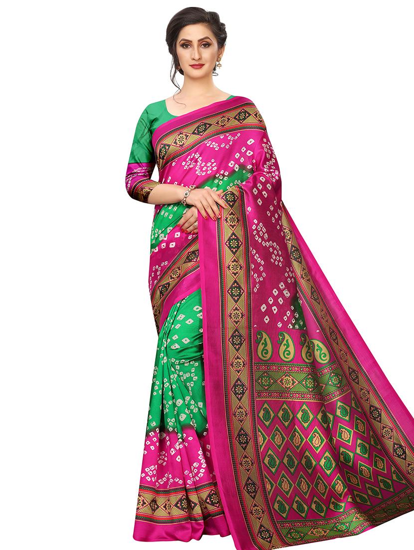 contrast shades bandhani saree with blouse - 16460301 -  Zoom Image - 0
