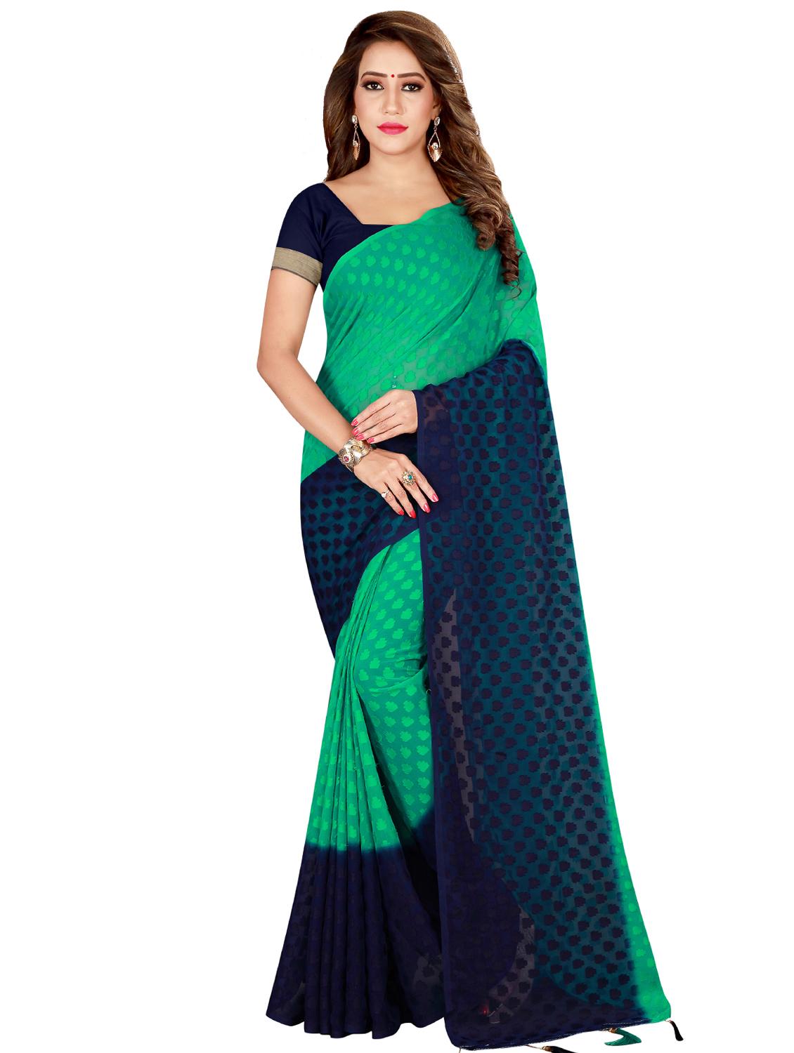 turquoise silk blend jamdani saree with blouse - 16466075 - Zoom Image - 0
