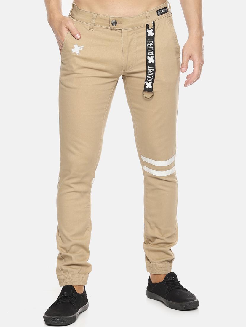 beige striped flat front casual trouser