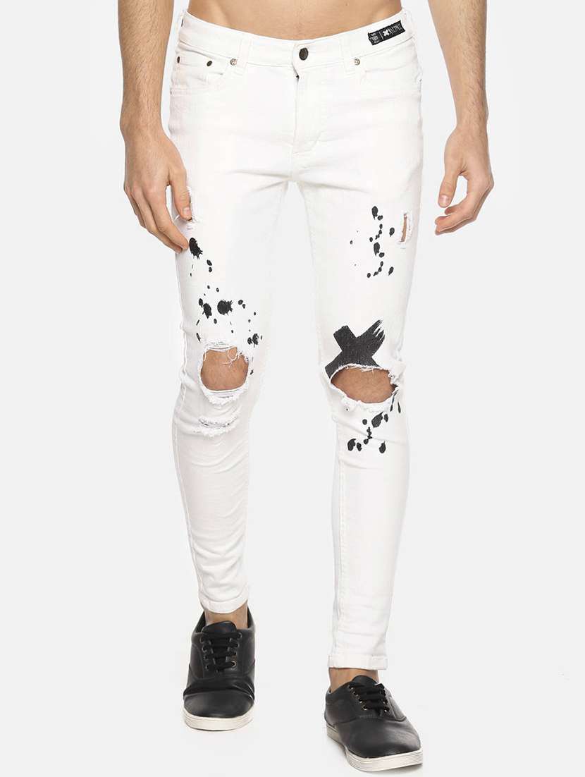 white printed distressed denim jeans