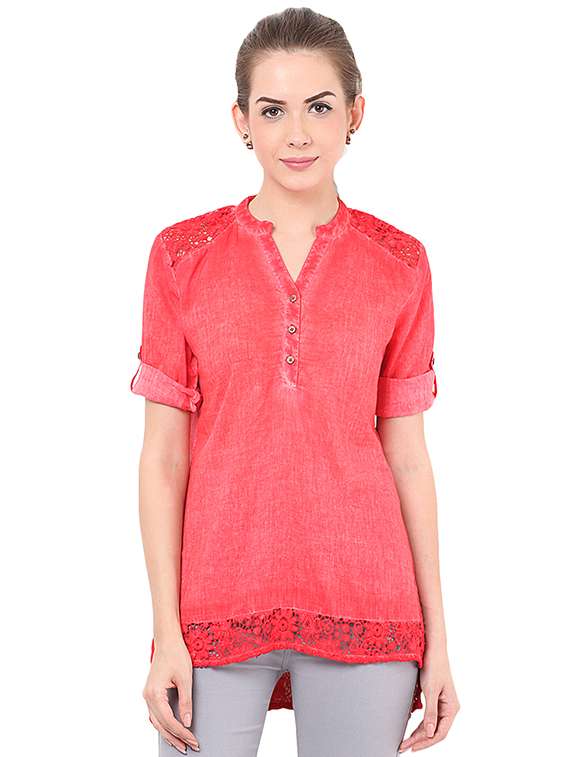 roll up sleeved floral laced high low tunic - 16468412 -  Zoom Image - 0