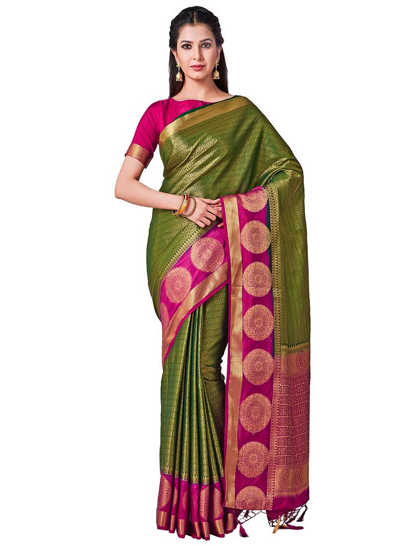 women's self design lime colored saree with blouse