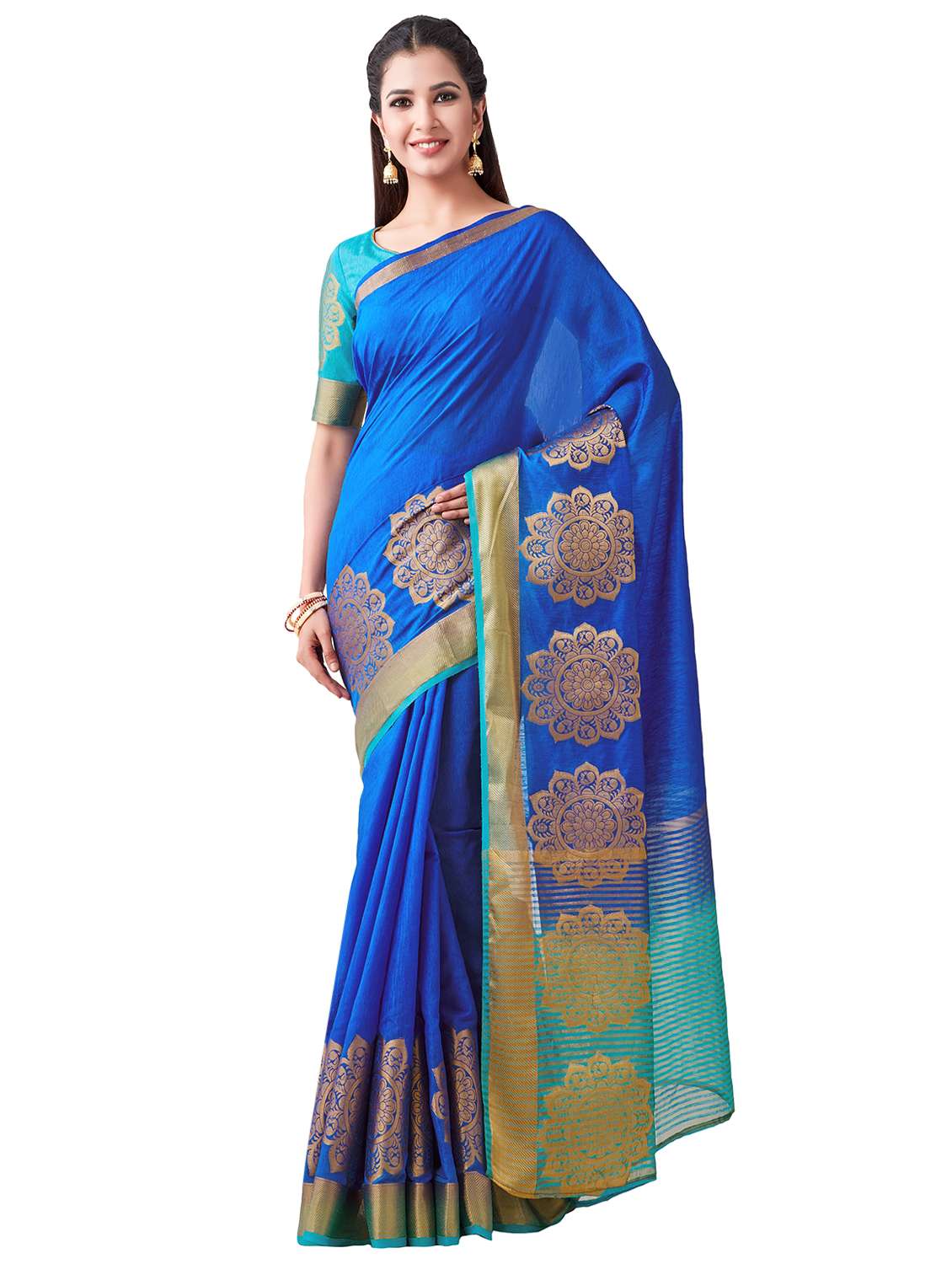 women's self design royal blue colored saree