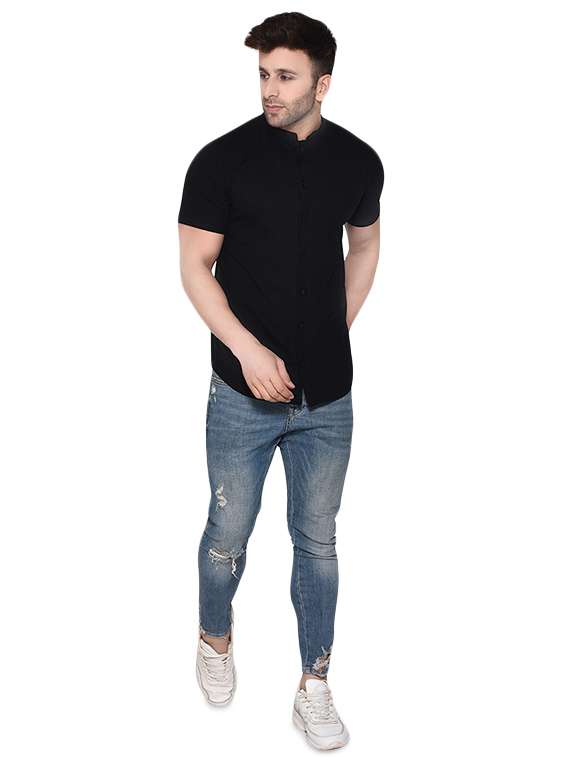 men black slim fit mandarin neck casual shirt - 16483439 - Standard Image - 3