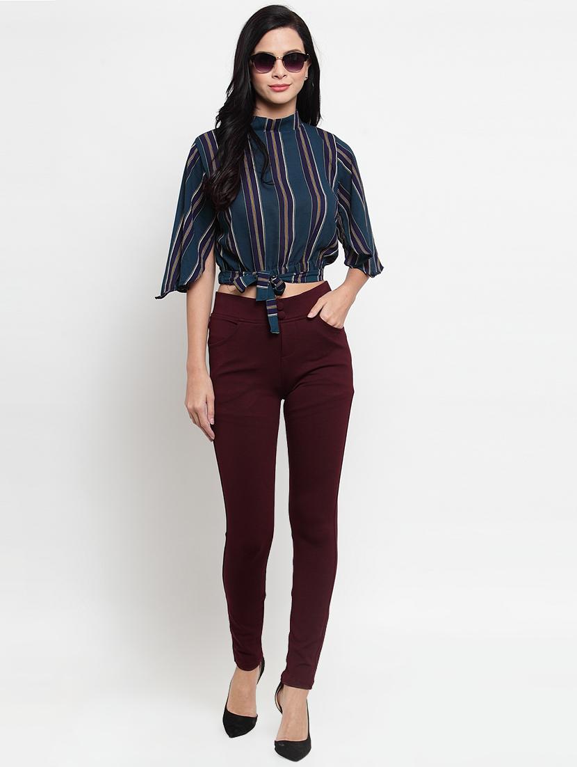 burgundy solid high rise trousers - 16487996 - Standard Image - 3