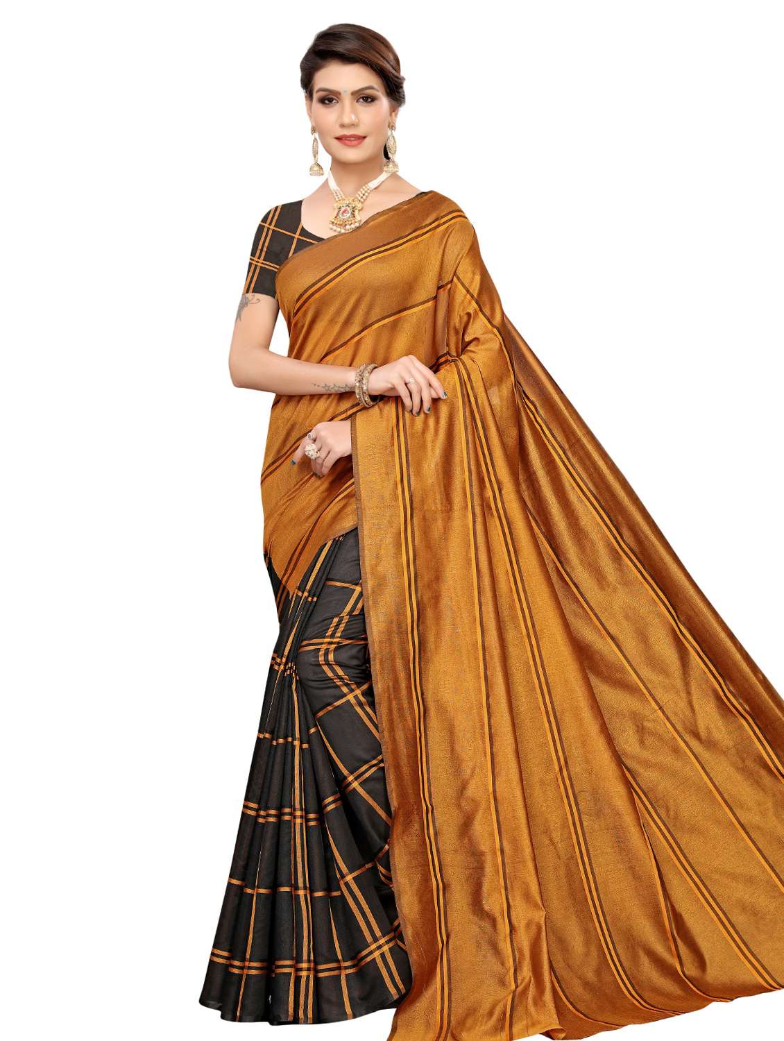 women's stripes black colored saree with blouse - 16490992 -  Zoom Image - 0