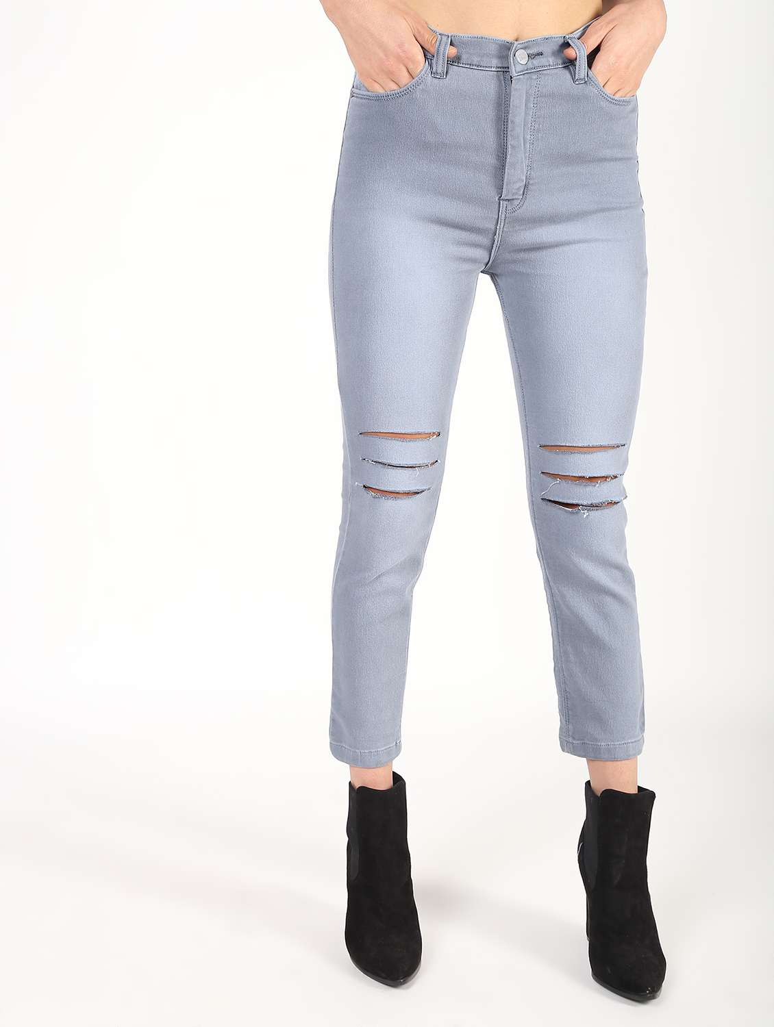 high rise knee slit jeans 