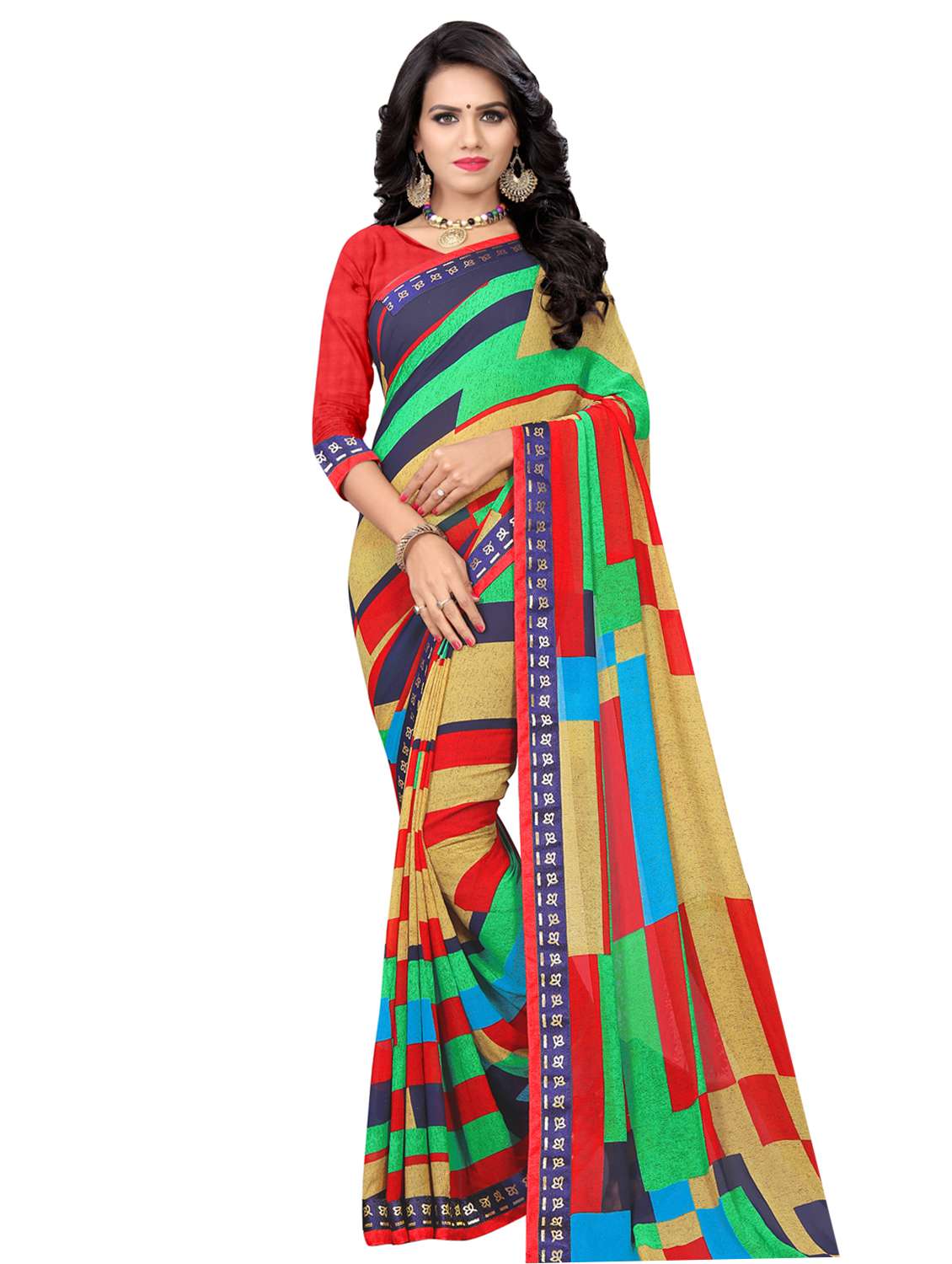 women's color block multi colored saree with blouse