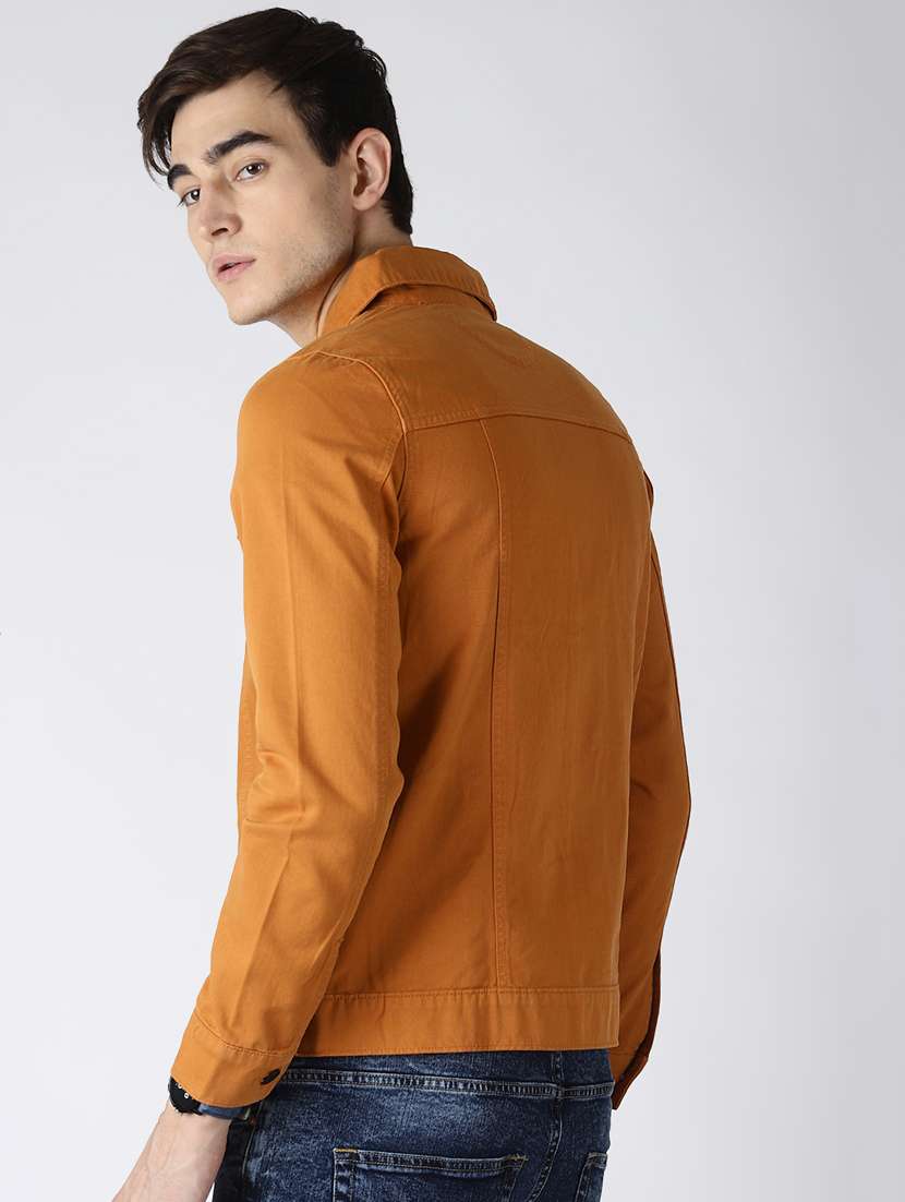 Buy online Orange Solid Denim Jacket 
