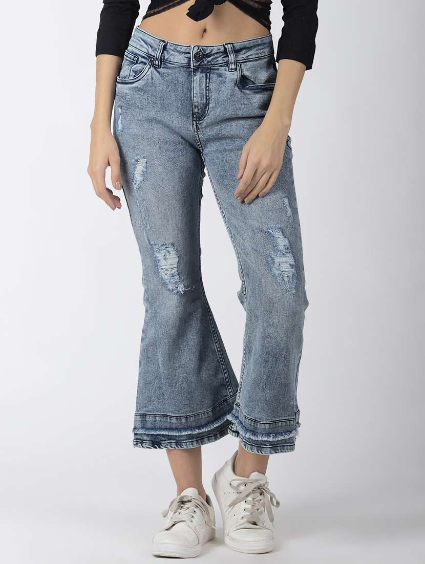 high rise distressed boot cut jeans  