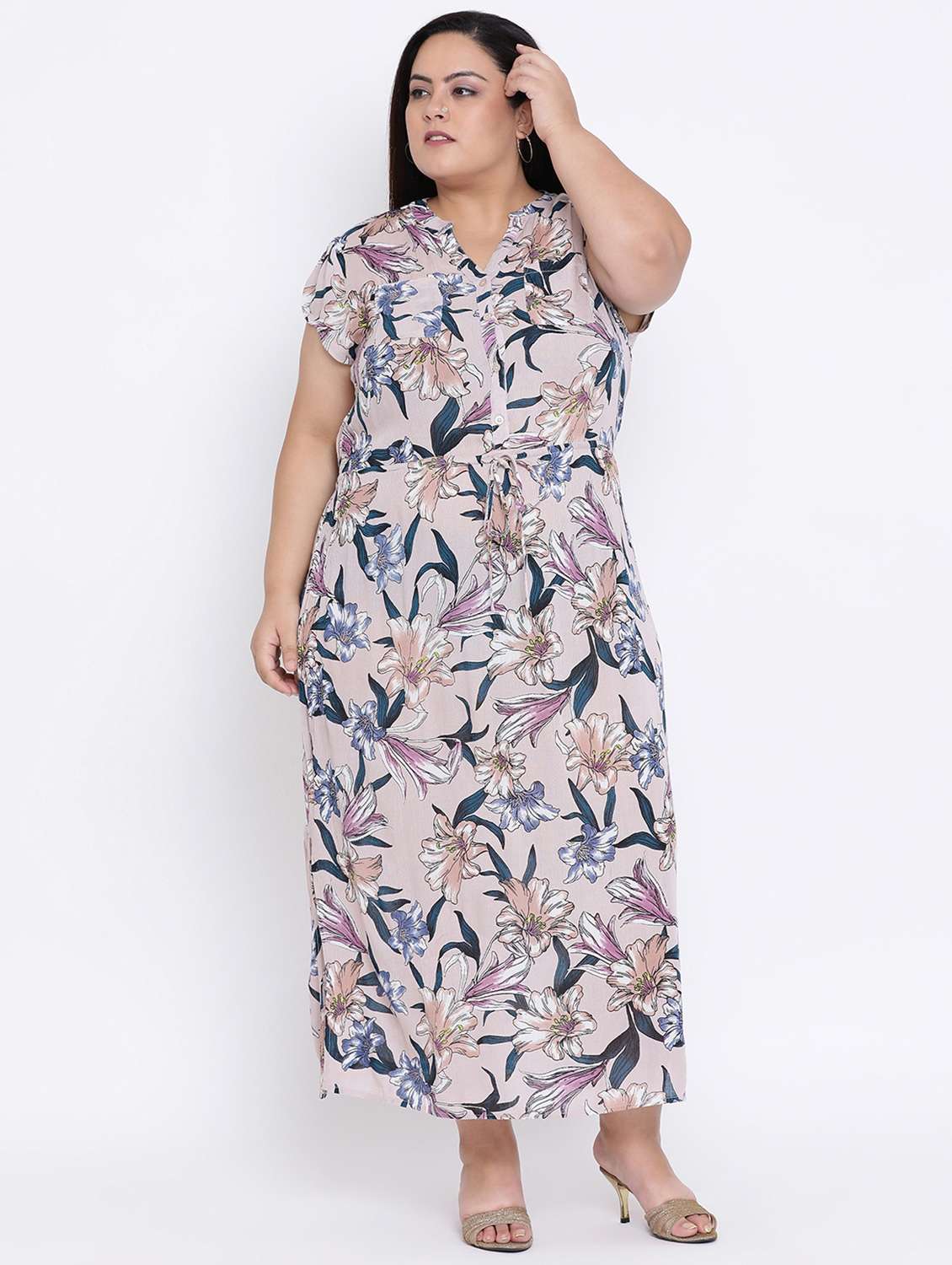 mandarin neck drawstring high slit plus dress - 16506764 -  Zoom Image - 0
