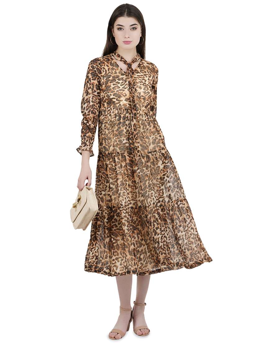 tie up neck animal print flared dress - 16508844 - Zoom Image - 0