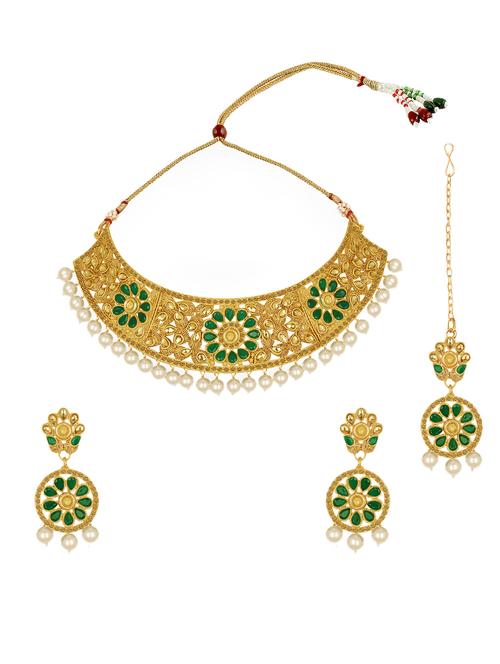 green metal necklace earring and maang tikka set - 16515828 - Standard Image - 0