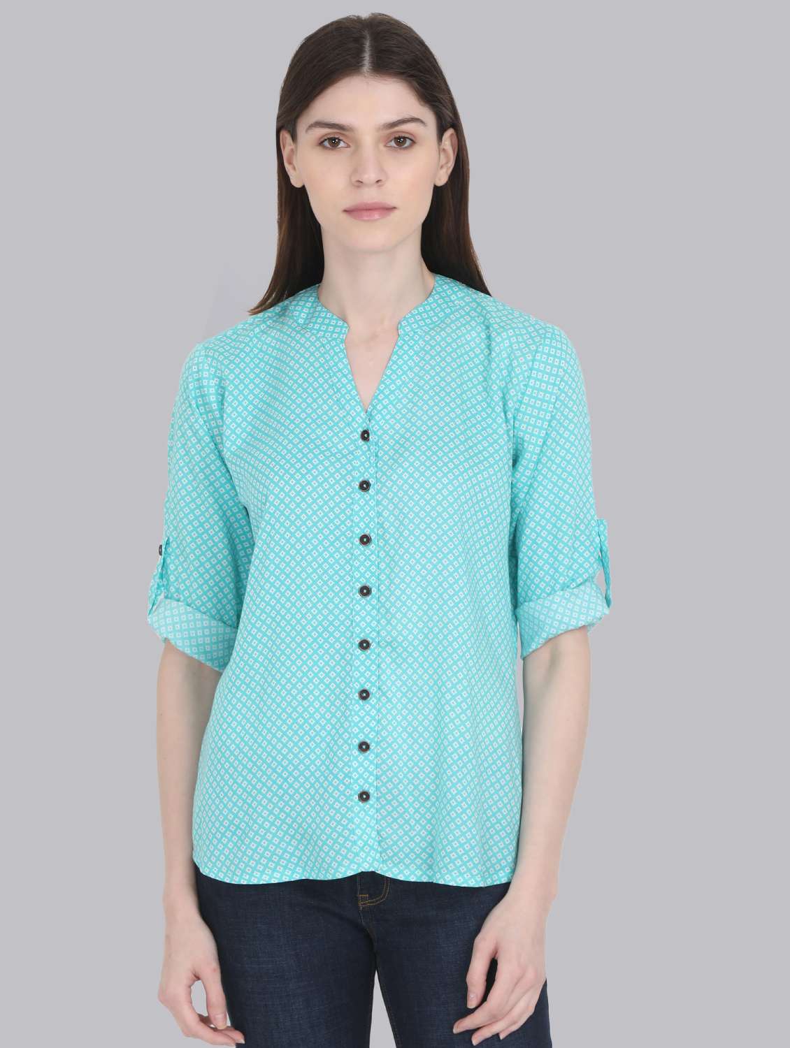 roll up sleeved mandarin neck shirt