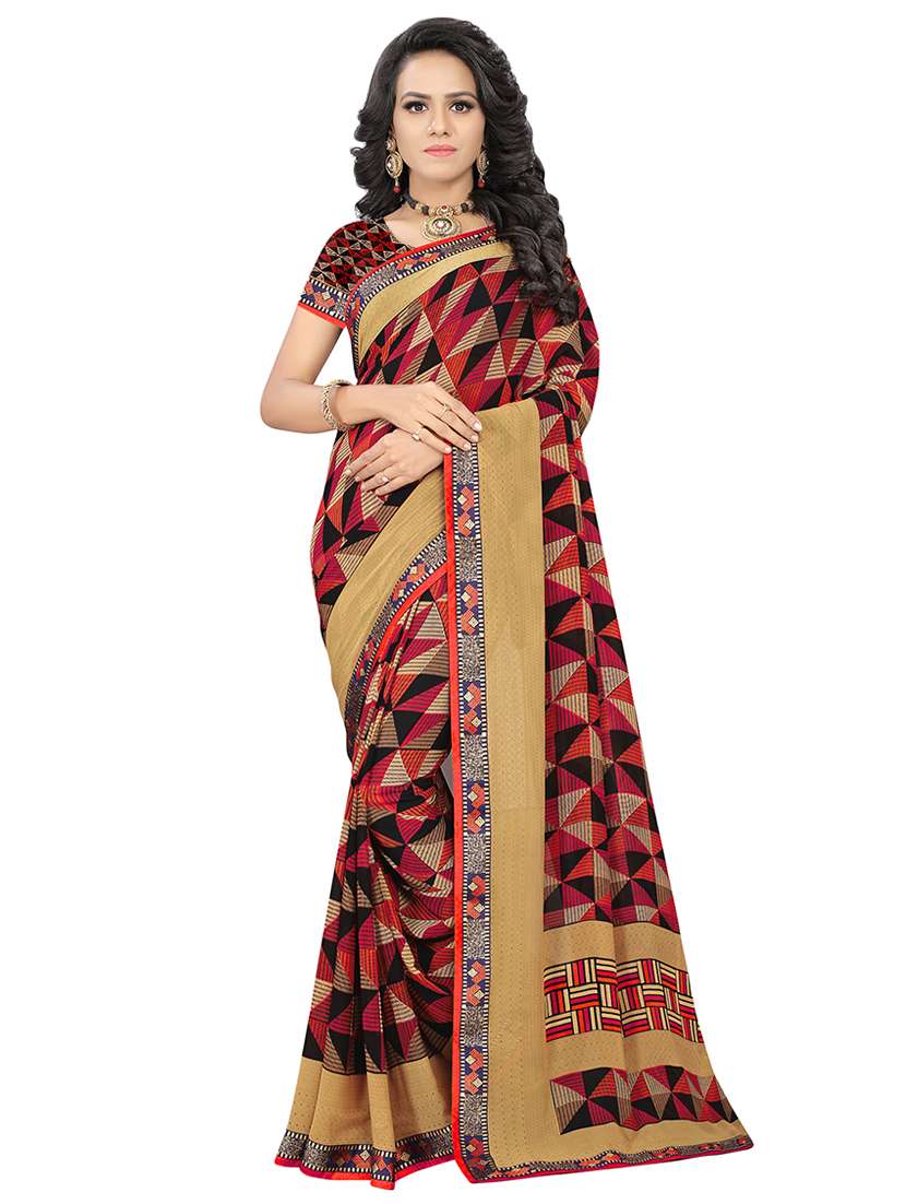 women's geometric red colored saree with blouse
