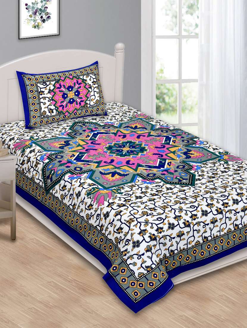 cotton printed single bed bedsheets with 1 pillow cover