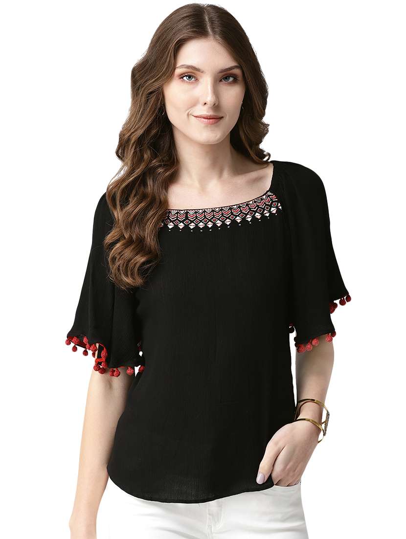 embroidered detail bell sleeved top 