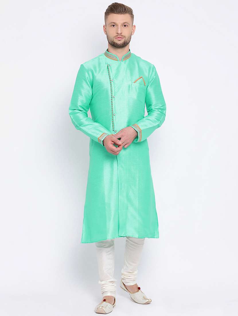 green silk blend solid long kurta