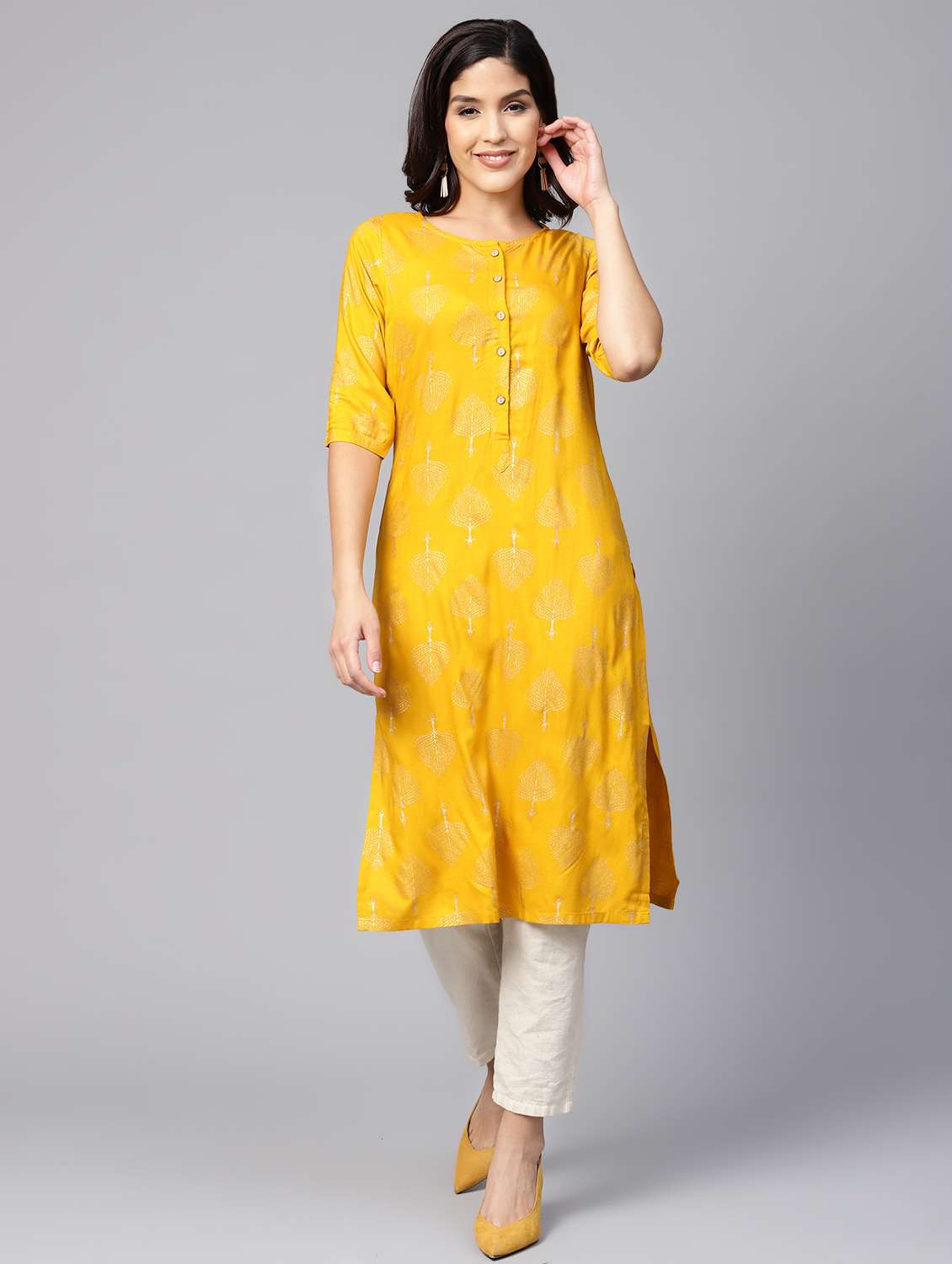 gold print straight kurta