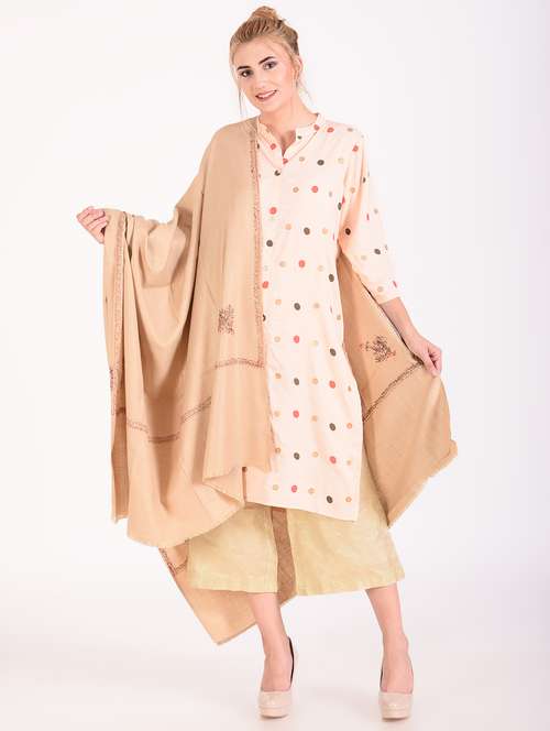 embroidered beige wool others shawl - 16546994 - Standard Image - 0