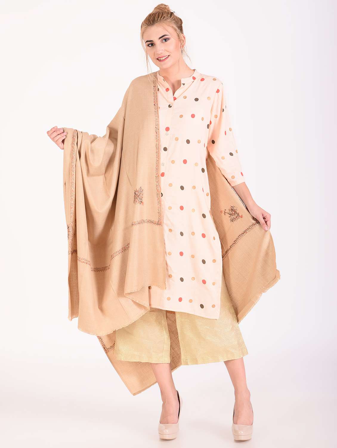 embroidered beige wool others shawl