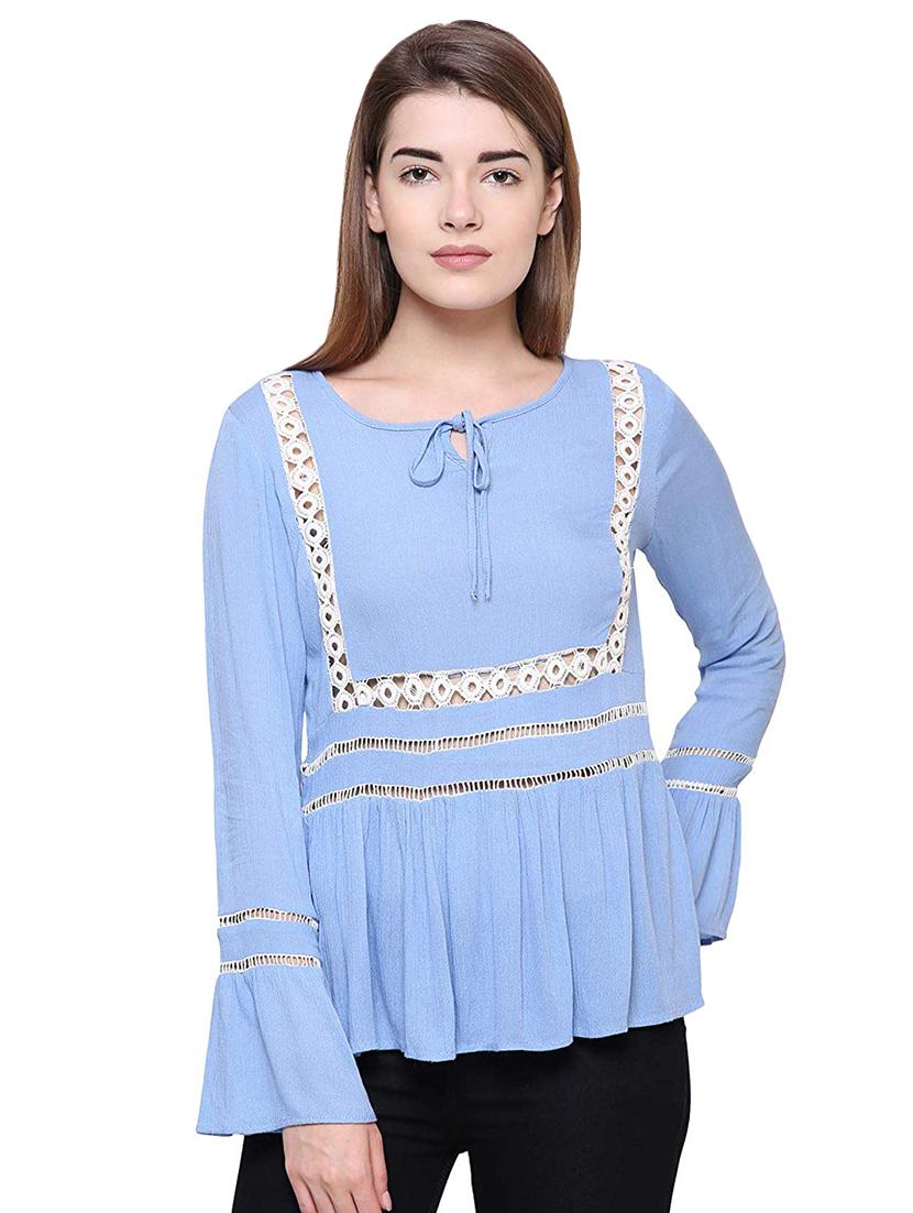 tie up contrast lace gathered top - 16553504 - Zoom Image - 0