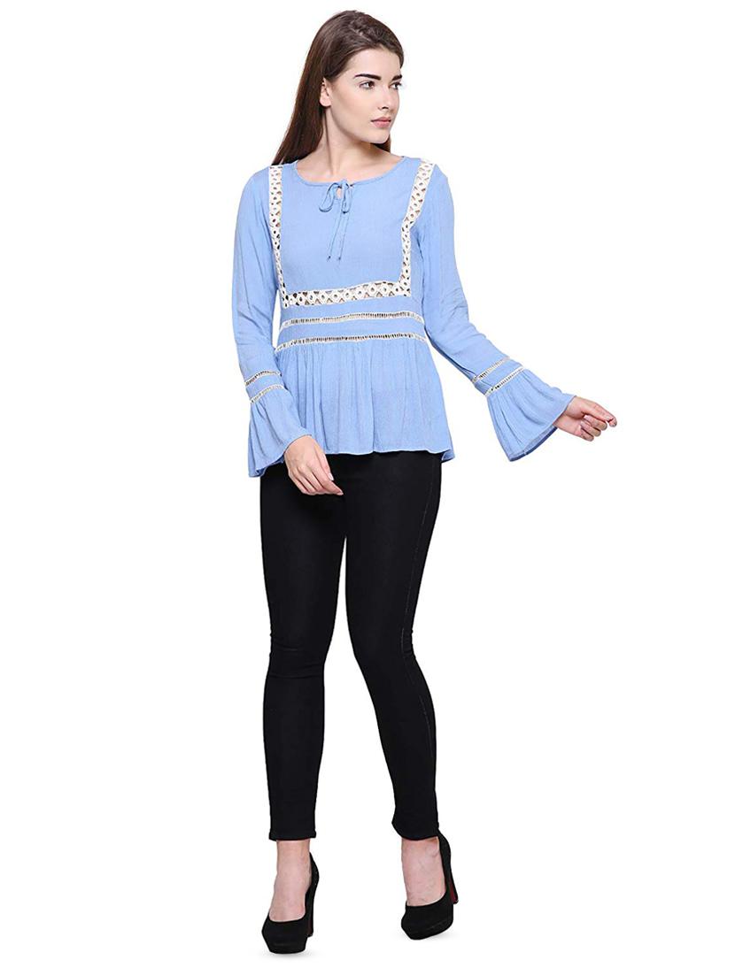 tie up contrast lace gathered top - 16553504 - Standard Image - 3