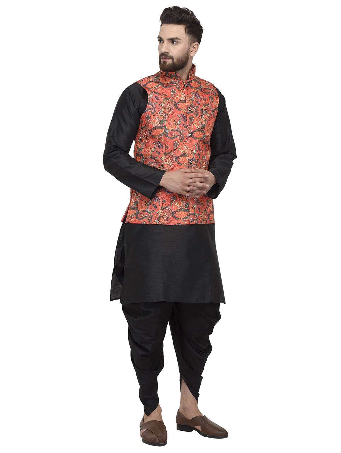 Buy online Black Solid Dhoti Kurta Set With Orange Printed Nehru