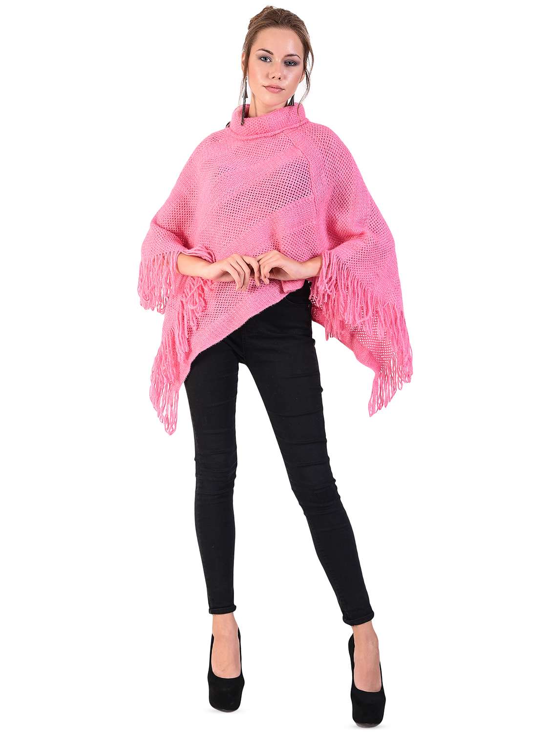 turtle neck fringe hem wool poncho - 16556857 - Standard Image - 3