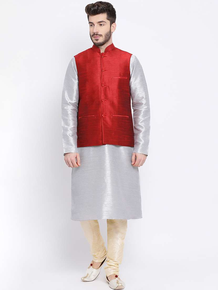 red silk blend nehru jacket - 16561949 -  Standard Image - 3