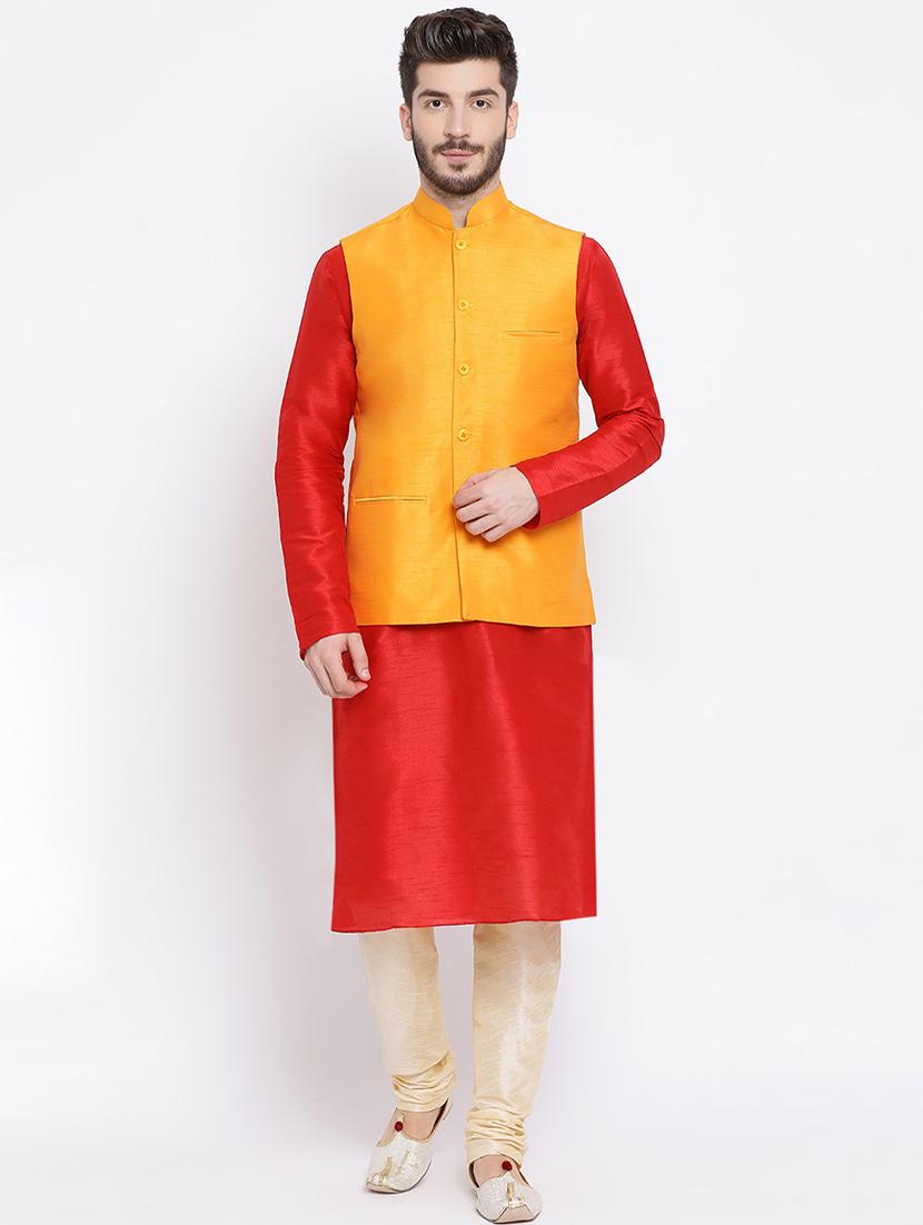 orange silk blend nehru jacket - 16561956 - Standard Image - 3