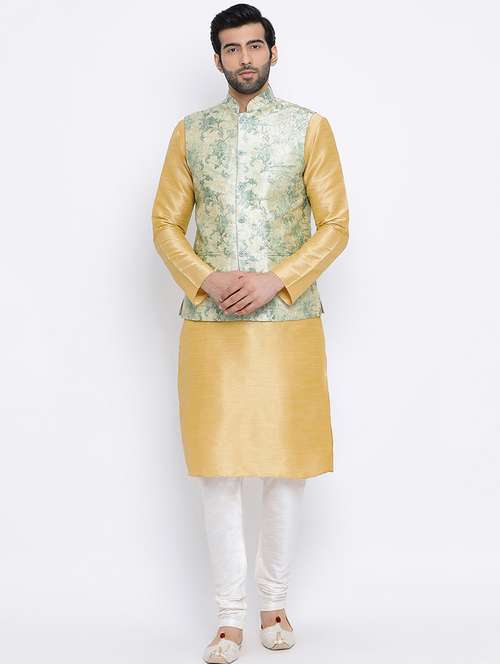 yellow pure silk kurta pyjama set with nehru jacket - 16562399 -  Standard Image - 0
