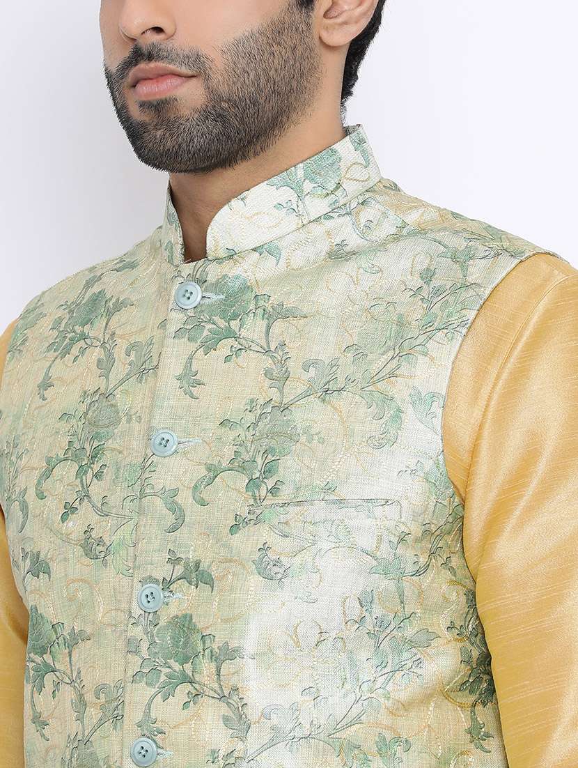 yellow pure silk kurta pyjama set with nehru jacket - 16562399 - Standard Image - 3