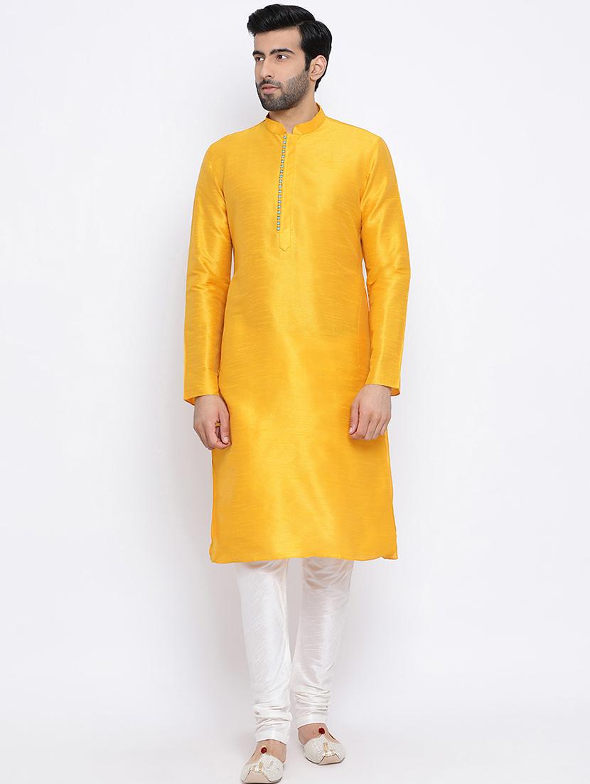 yellow dupion long kurta