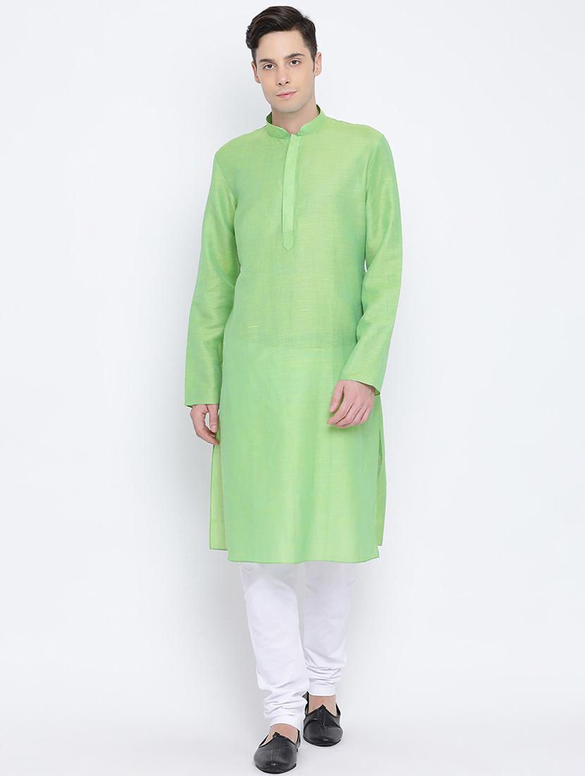 green linen long kurta - 16562549 -  Zoom Image - 0