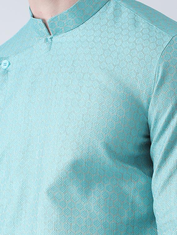 blue silk blend jacquard kurta pyjama set - 16569585 - Standard Image - 3