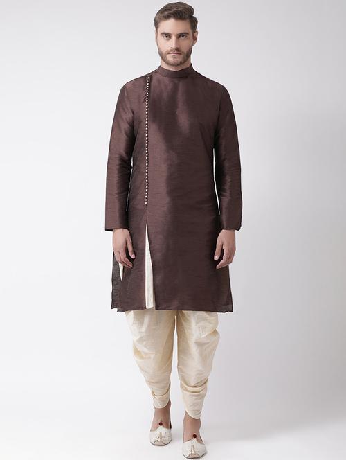 deep brown dupion solid dhoti kurta set - 16569596 -  Standard Image - 0